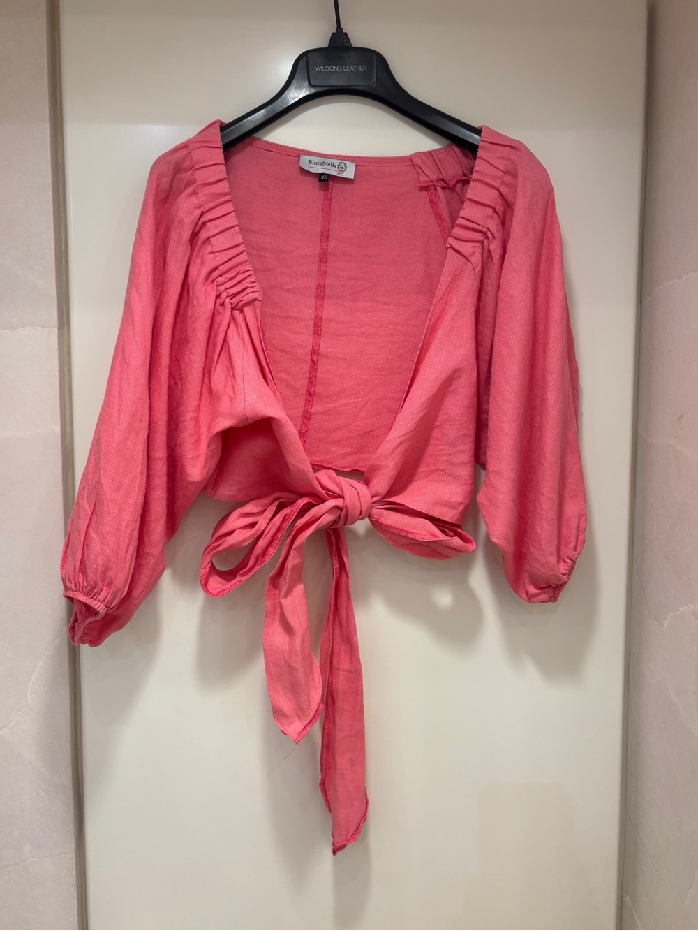 Linen Pink Tie-Front Cropped Blouse with Ruched Shoulders Size 40